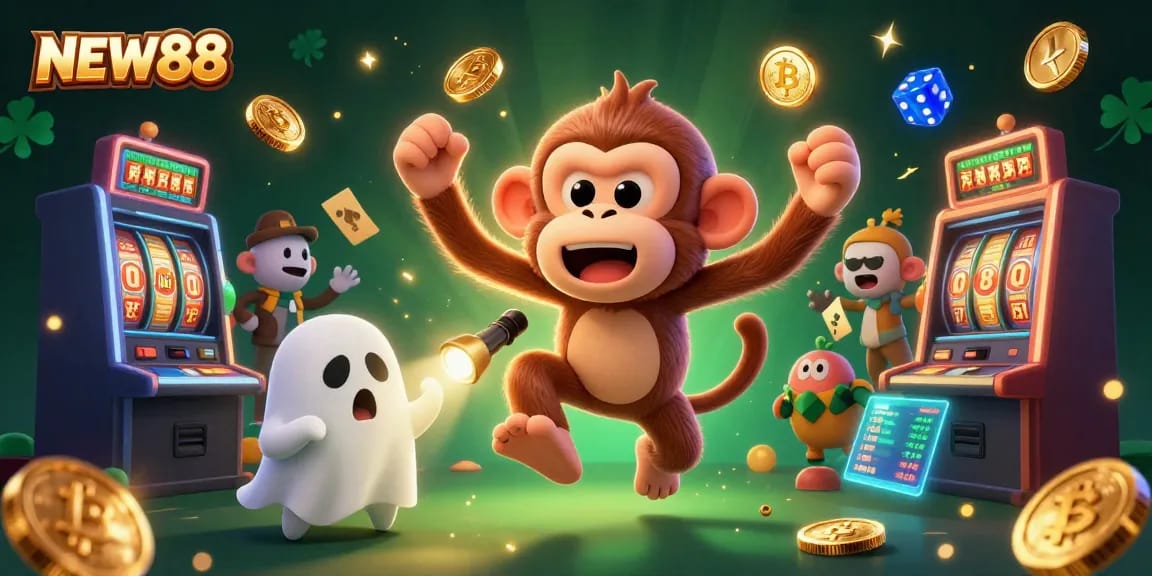 Experience thrilling gameplay at NEW88 with a playful monkey and curious puppy in a dynamic casino scene