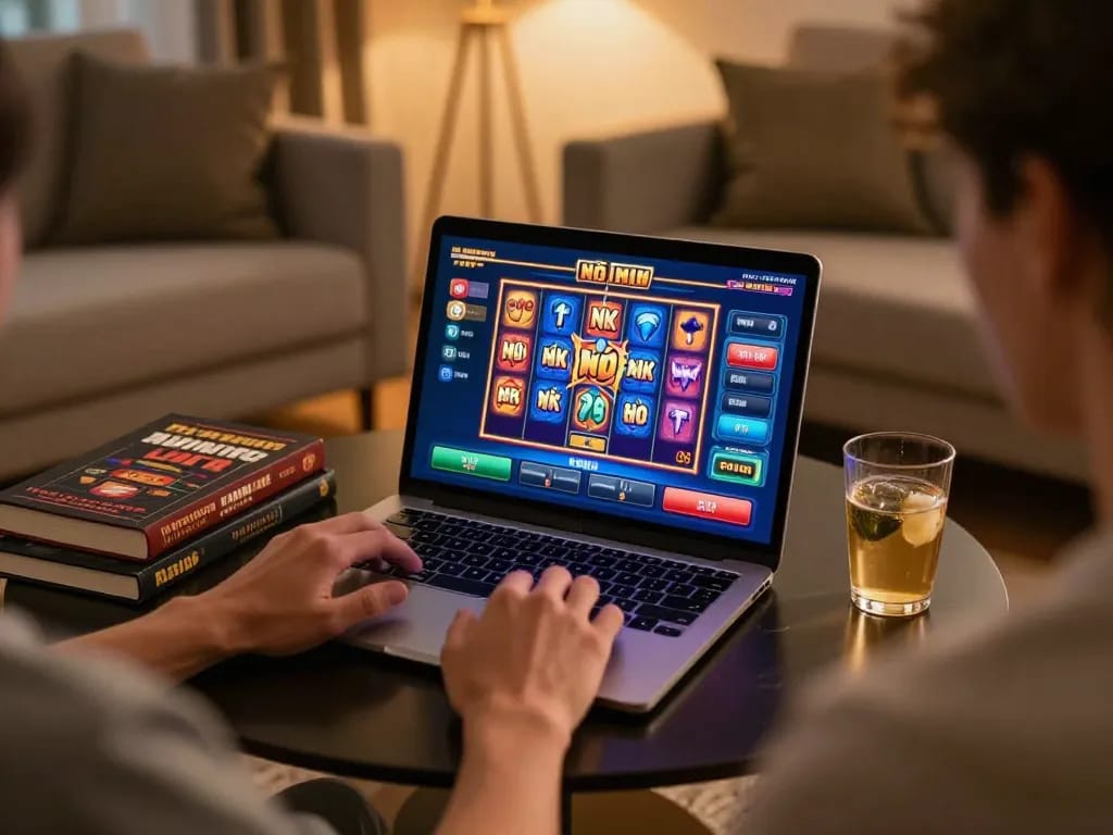 Player experiencing Nổ hũ slot machines on a laptop in a cozy home setting