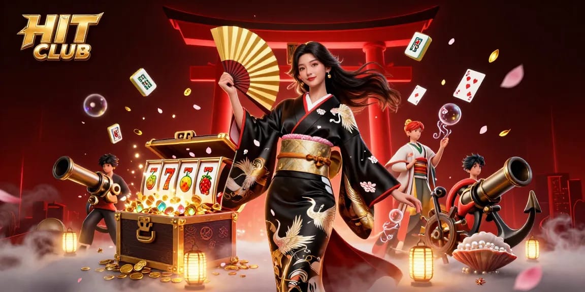 Engage in dynamic gaming at HIT CLUB with an elegant Asian woman and exhilarating casino elements.