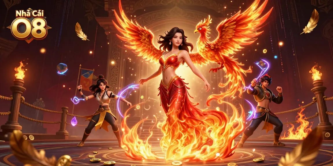 Engage with Nhà Cái O8's vibrant gaming experience featuring a stunning phoenix accompanied by a powerful Asian woman.