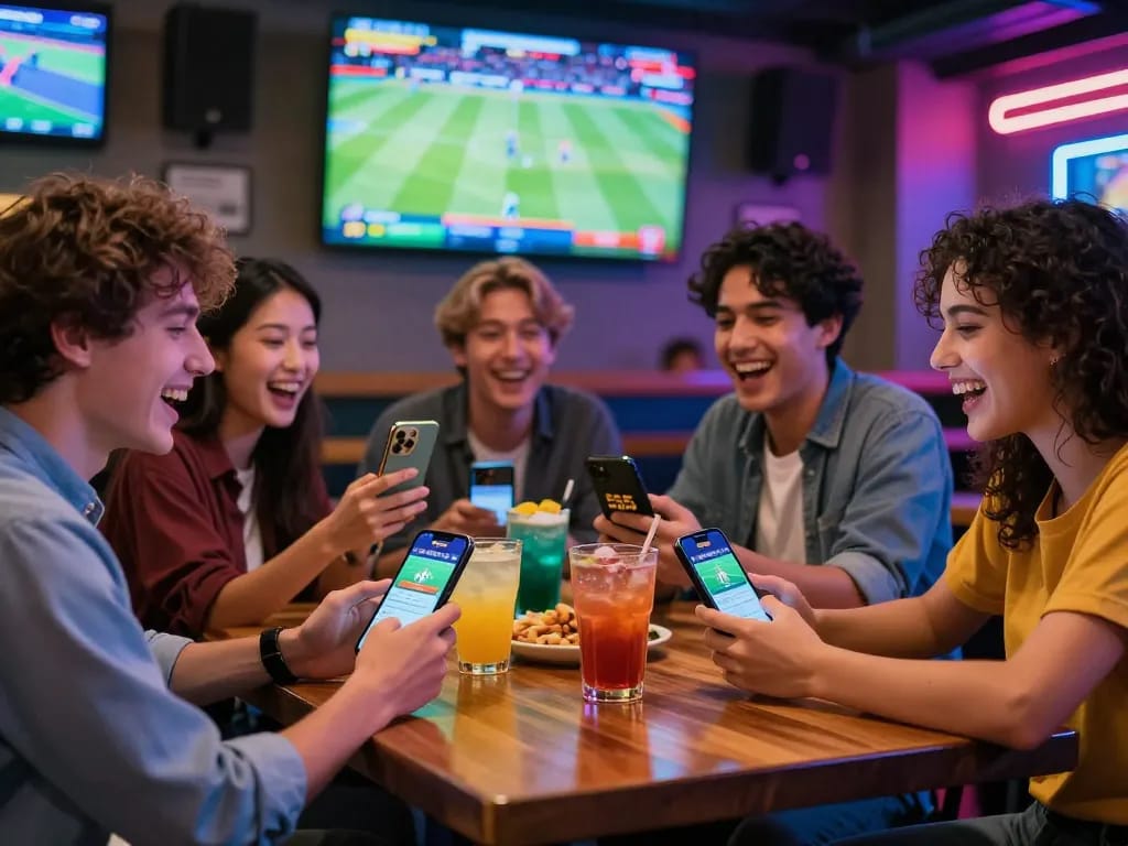 Group of friends enjoying the 555 win app at a lively sports bar while watching live matches.