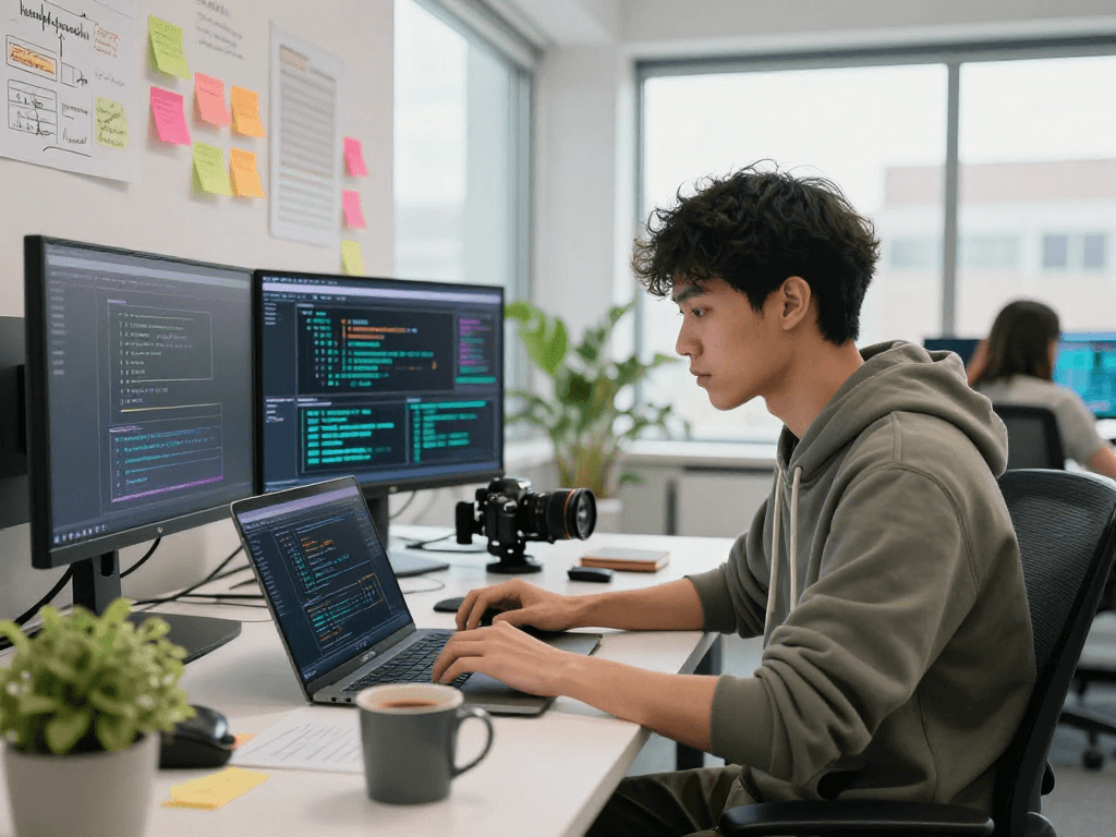 Younger programmer focused on AI algorithms in a dynamic workspace, showcasing creative tech solutions.