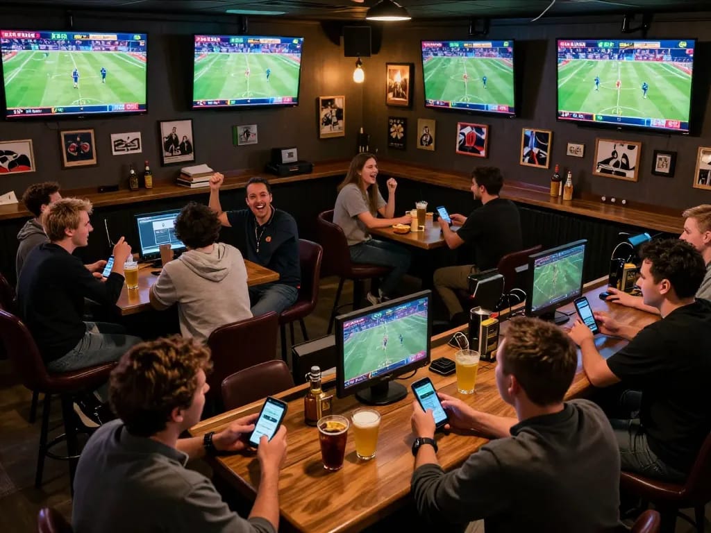 Fans discussing strategies while placing bets on keobongda during a live sports betting event.