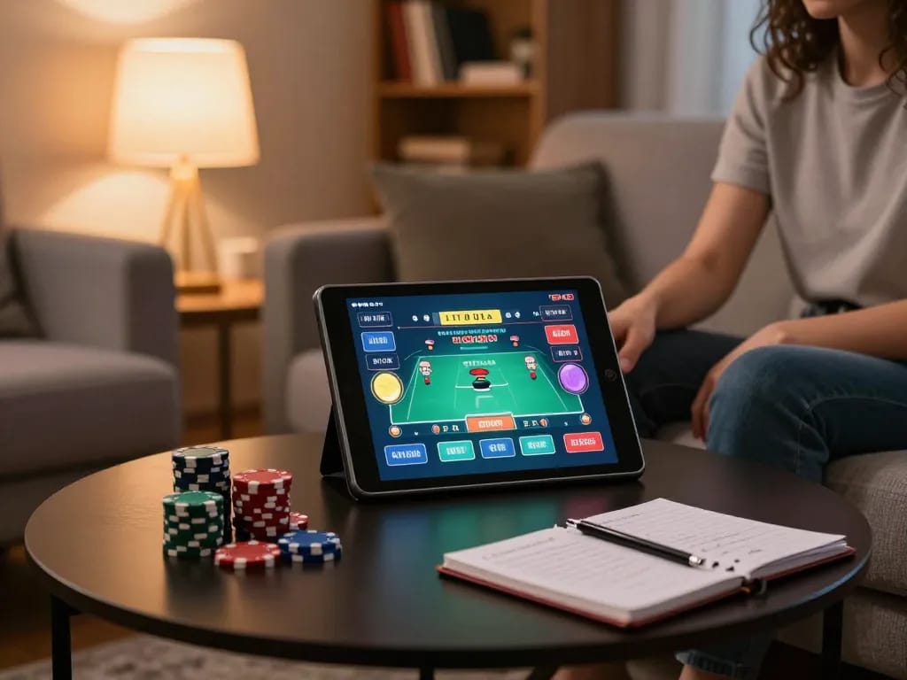 Engaged player on EE88 using tablet for live dealer poker, cozy home setting, showcasing strategic gaming.