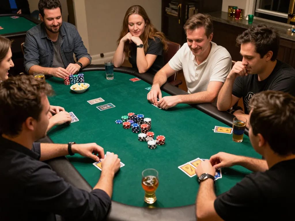 Friends enjoying a poker night at home, showcasing dynamic gameplay, vibrant chips and dagago branding.