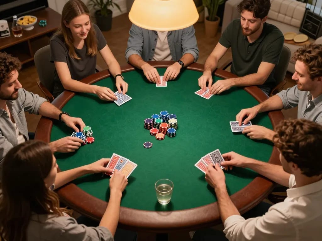 Players strategizing their poker hands at a home game night with tr88 branding, chips stacked, and drinks visible, highlighting fun and responsible gambling.