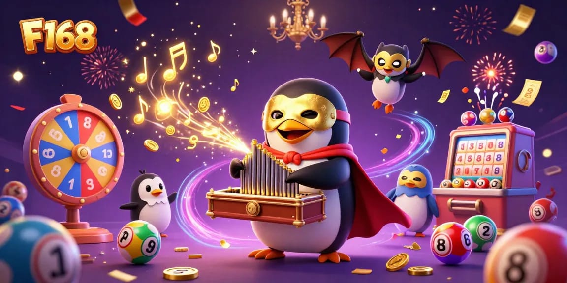 Join the fun at F168 with a 3D penguin playing an organ shooting coins amidst dynamic gambling elements.