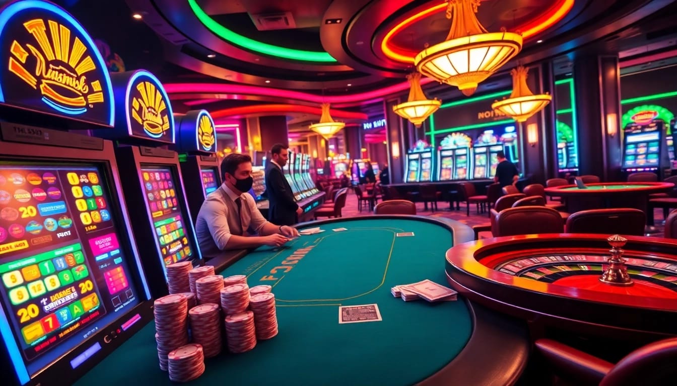 Exciting casino landscape showcasing nohu90 with vibrant poker action and slot machines.