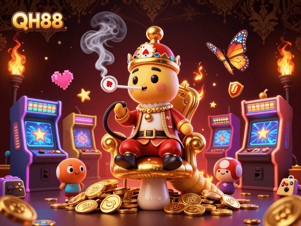 Experience QH88's vibrant gambling scene with a colorful 3D illustration showcasing enticing casino elements.