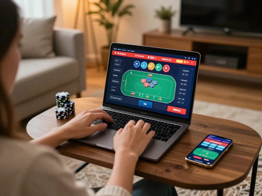 Hbet user engaging in online poker game on laptop with dynamic gameplay