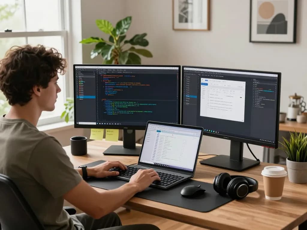 Moltbot mac installation scene highlighting a modern workspace with dual monitors and coding elements.