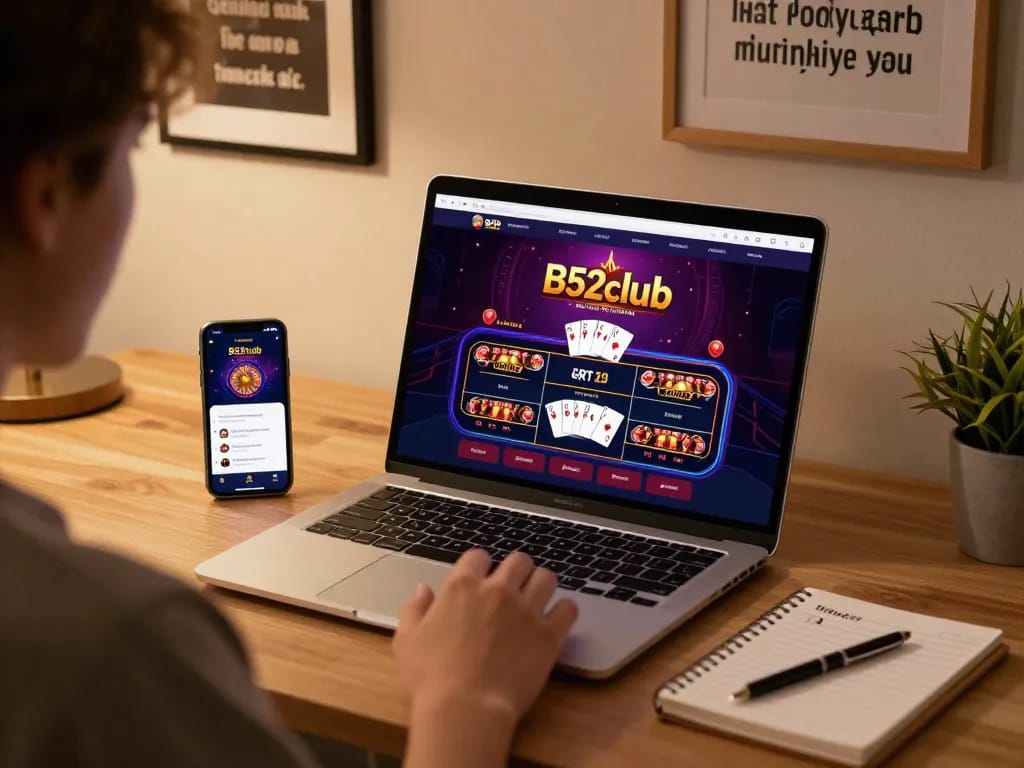 Cảnh chơi game trực tuyến B52club nổi bật với gameplay chiến lược trên laptop trong không gian ấm cúng.