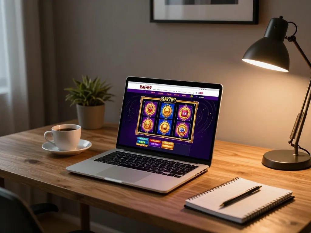 Enjoy online gaming at Bay789 casino with a vibrant setup featuring laptops, strategy notes, and a cozy atmosphere