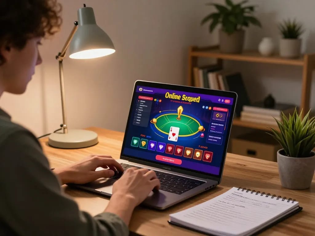 Engaging in online casino gaming at home using a laptop, exploring betting strategies on bl555 com.