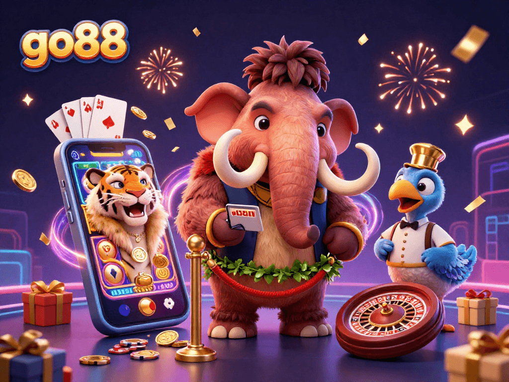 Experience go88’s vibrant casino atmosphere with a mammoth bouncer, saber-tooth guest, and lively slot games.