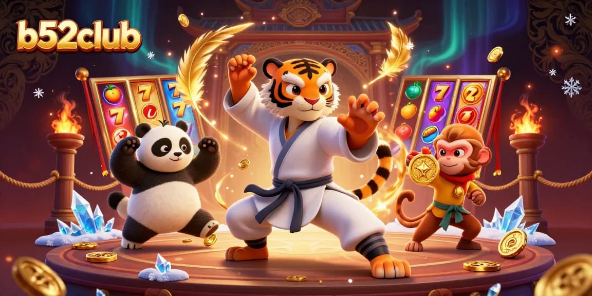 B52club's dynamic scene featuring a kung fu tiger master, panda disciple, and a monkey student engaged in a slot game adventure, filled with coins and vibrant game elements.