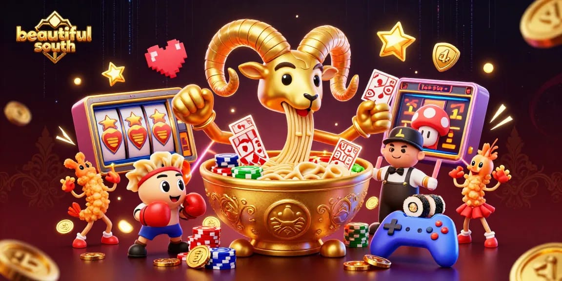 beautifulsouth showcases an animated casino scene with characters enjoying games, promoting excitement.