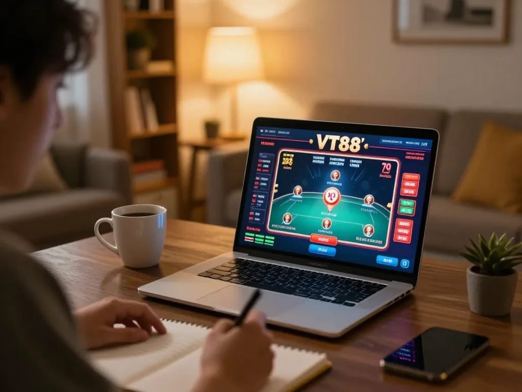 Engaging online casino gameplay on VT88 platform in a cozy home setting