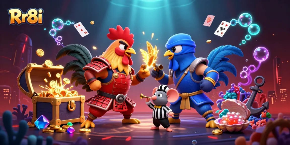 Experience the excitement with Rr8i's dynamic rooster fight illustration featuring samurai and ninja elements.