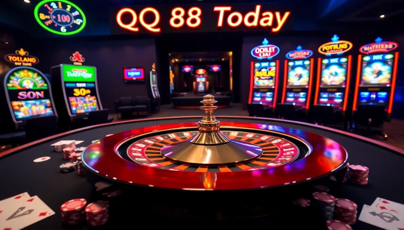 Engaging scene of gambling excitement with QQ88 Today casino tables, cards, and roulette wheel.