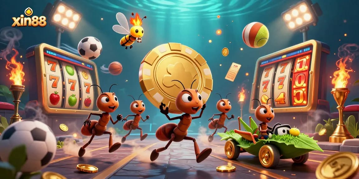 Ants carrying a giant poker chip for xin88 in a dynamic gambling scene filled with games.