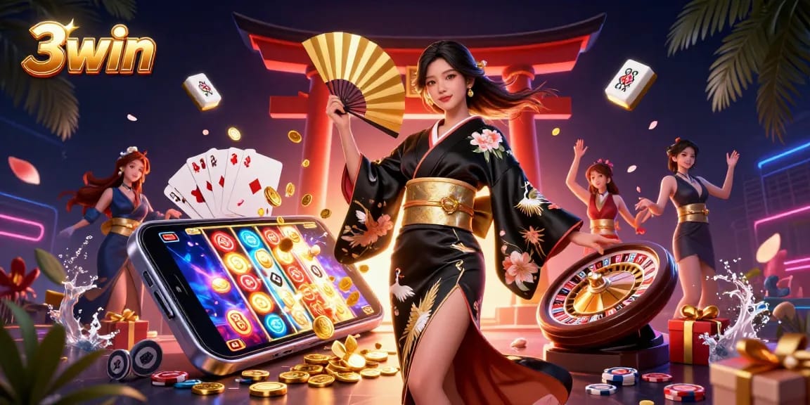 Experience the thrill of 3win as elegant characters engage in a vibrant casino scene with dynamic game elements.