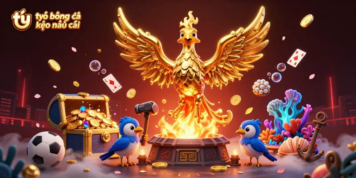 Engage with tỷ lệ bóng đá kèo nhà cái as golden coins rain down around a fierce phoenix and sports elements.