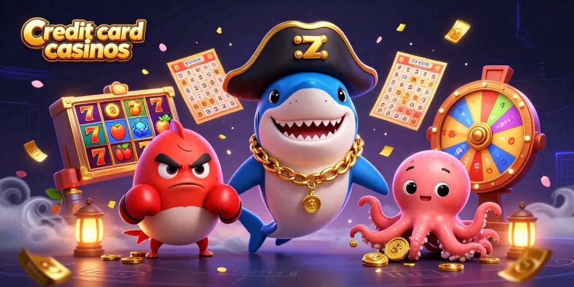 Engage with thrilling credit card casinos as vibrant characters celebrate gaming excitement.