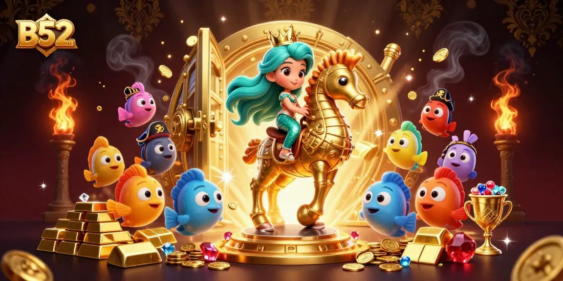 B52club offers thrilling gameplay with colorful characters and dynamic treasure elements in a vibrant casino-themed scene.