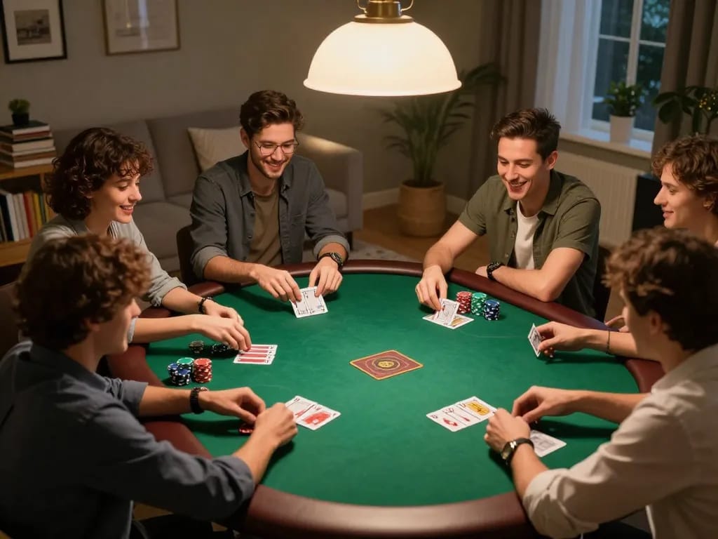 Players engaging in a lively poker game at home while enjoying 999bet entertainment.