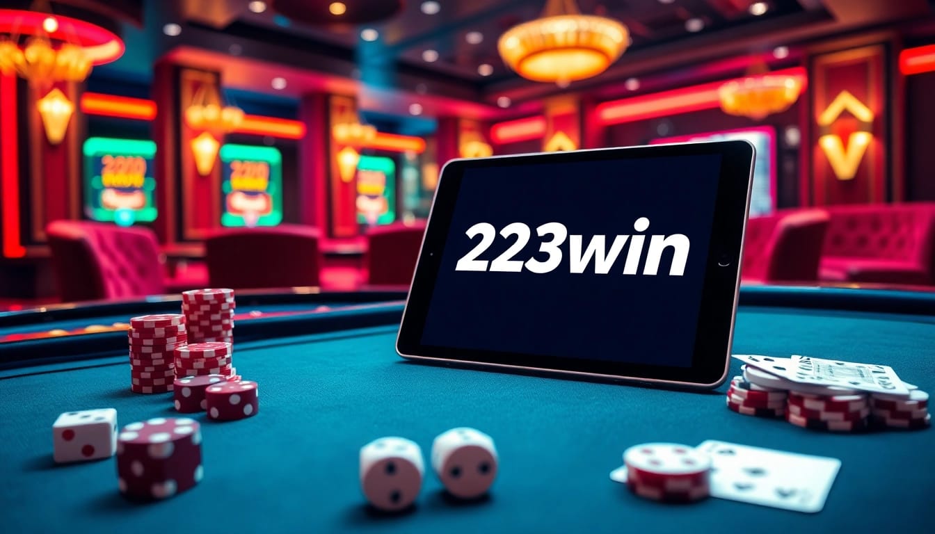 Experience the excitement of online gambling with the link 23win showcased amidst casino tables and gaming elements.