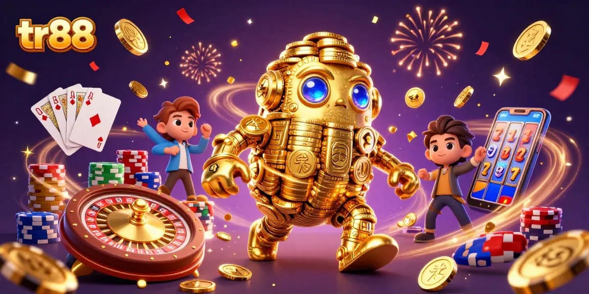 Win big at tr88 with a golden golem surrounded by coins and casino elements in a lively scene.