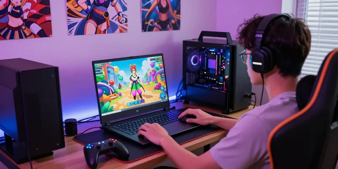 Engaged player exploring a colorful hentai game on a sleek laptop, vibrant ambiance.