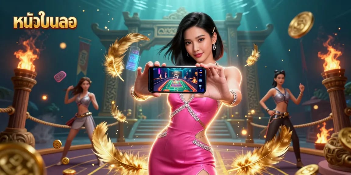 Engage in the thrilling experience of หนังใหม่ชนโรง with a modern Asian woman showcasing a live dealer game.