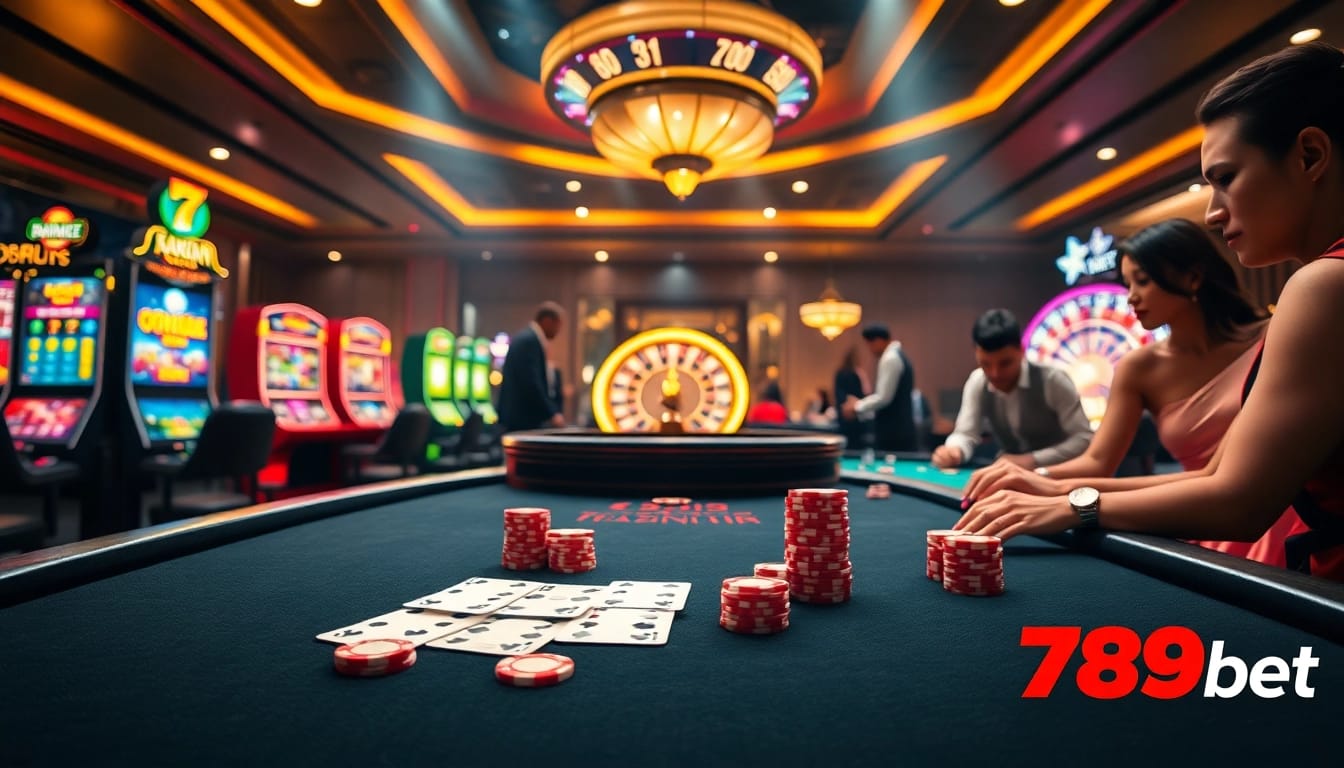 Engaged players at a poker table featuring 789bet chips, showcasing an exciting casino atmosphere.