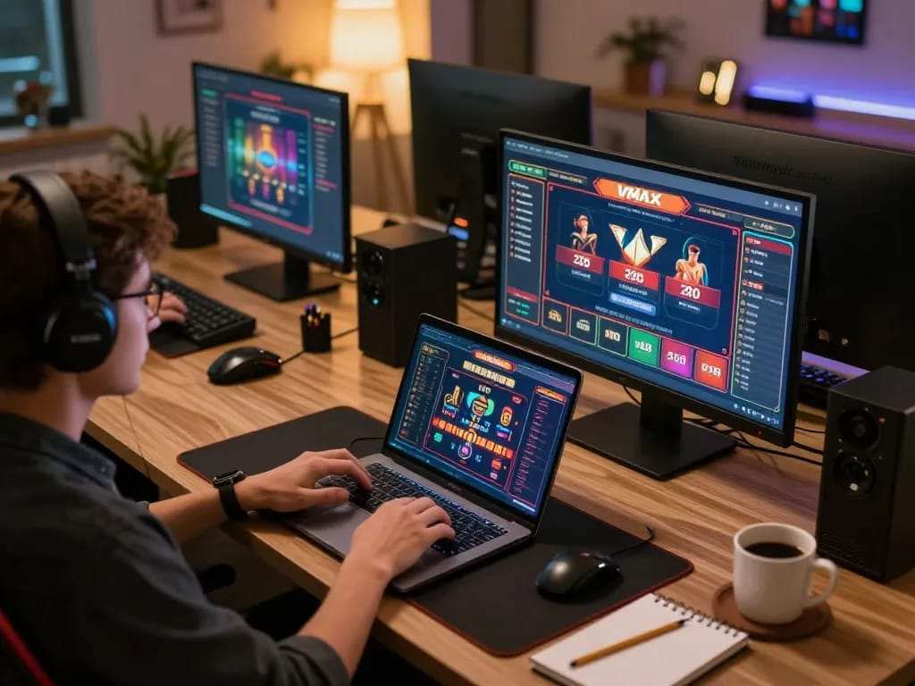 Player enjoying VMAX online casino games on a modern setup, showcasing strategy and gaming ambiance.