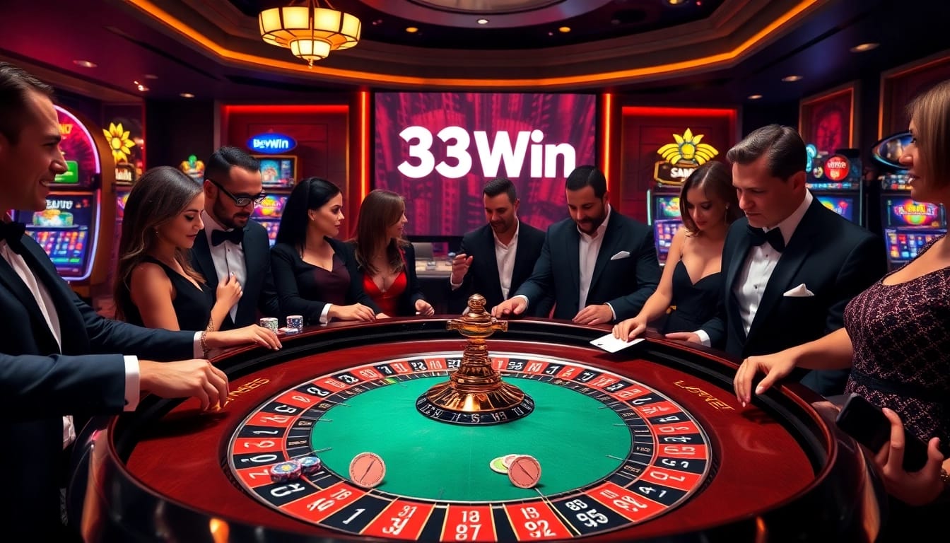 Experience the excitement of casino gaming with link 33Win at a luxurious roulette table filled with vibrant chips.