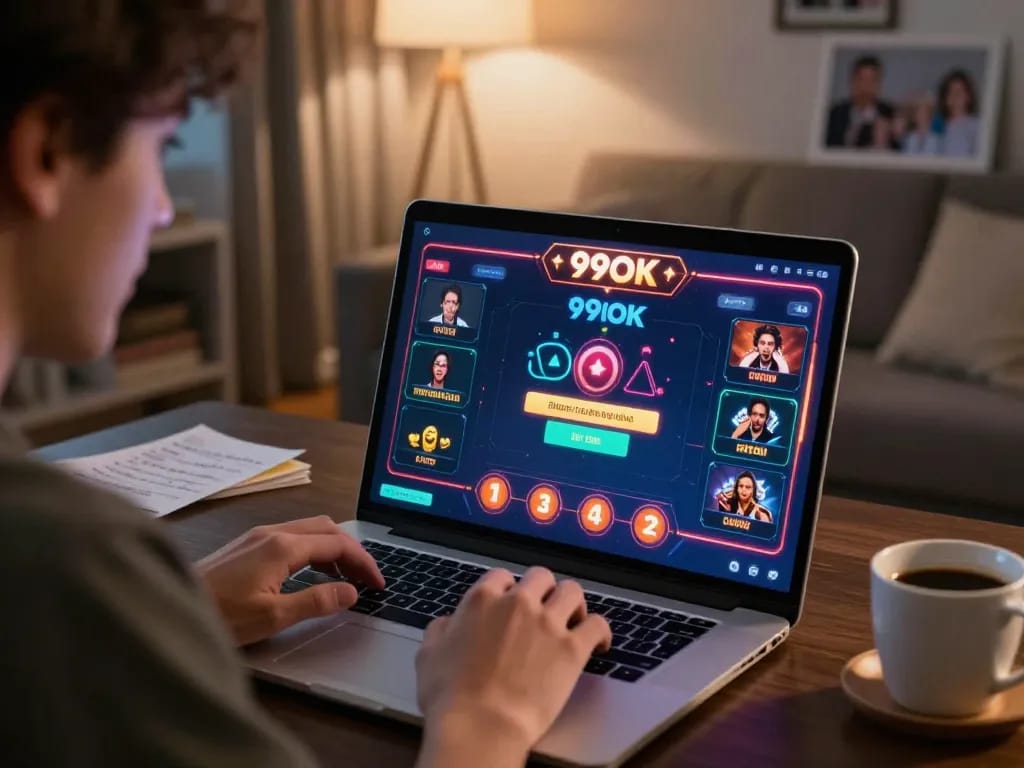 Engaged player enjoying 99OK online casino on laptop, showcasing strategic gameplay and cozy home atmosphere.