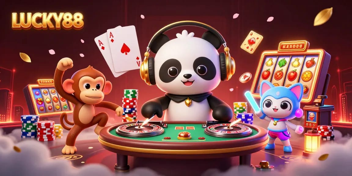 Experience the thrill of LUCKY88 with vibrant characters and casino game elements in a captivating 3D scene.