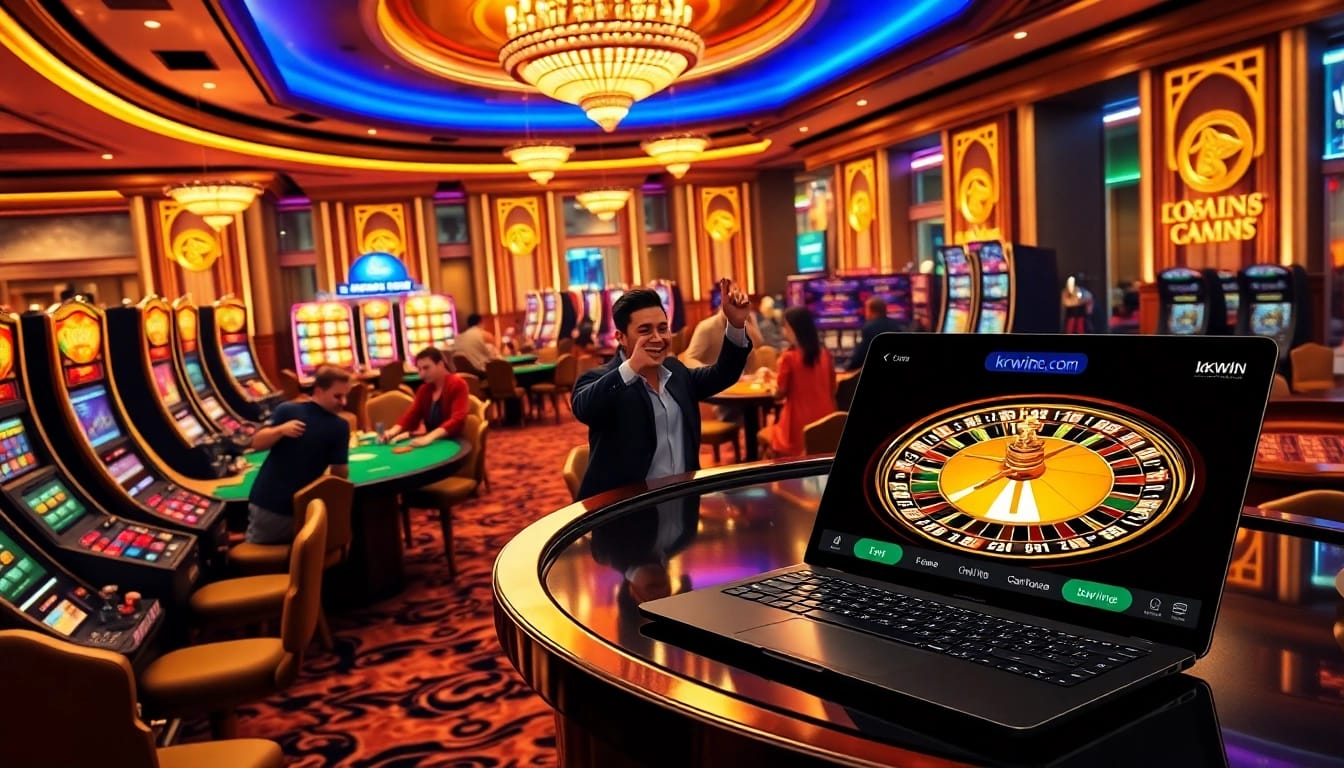 Players enjoying a vibrant casino experience at kkwin.com, featuring poker tables and slot machines.