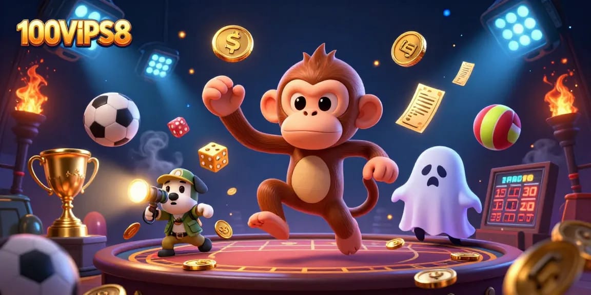 Experience thrilling excitement at 100VIPS8 with a mischievous monkey juggling in a haunted casino.