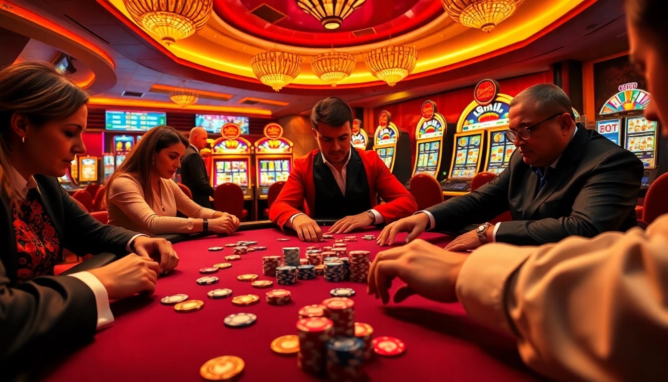 Engaged players at a vibrant poker table showcasing excitement at https://ga888v.net/ online gambling.