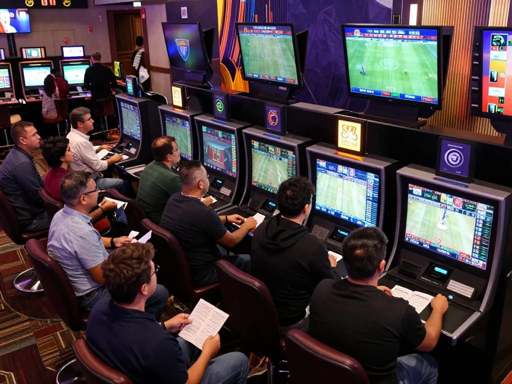 Tỷ lệ kèo nhà cái hôm nay highlighted as bettors analyze odds in a busy sports betting area