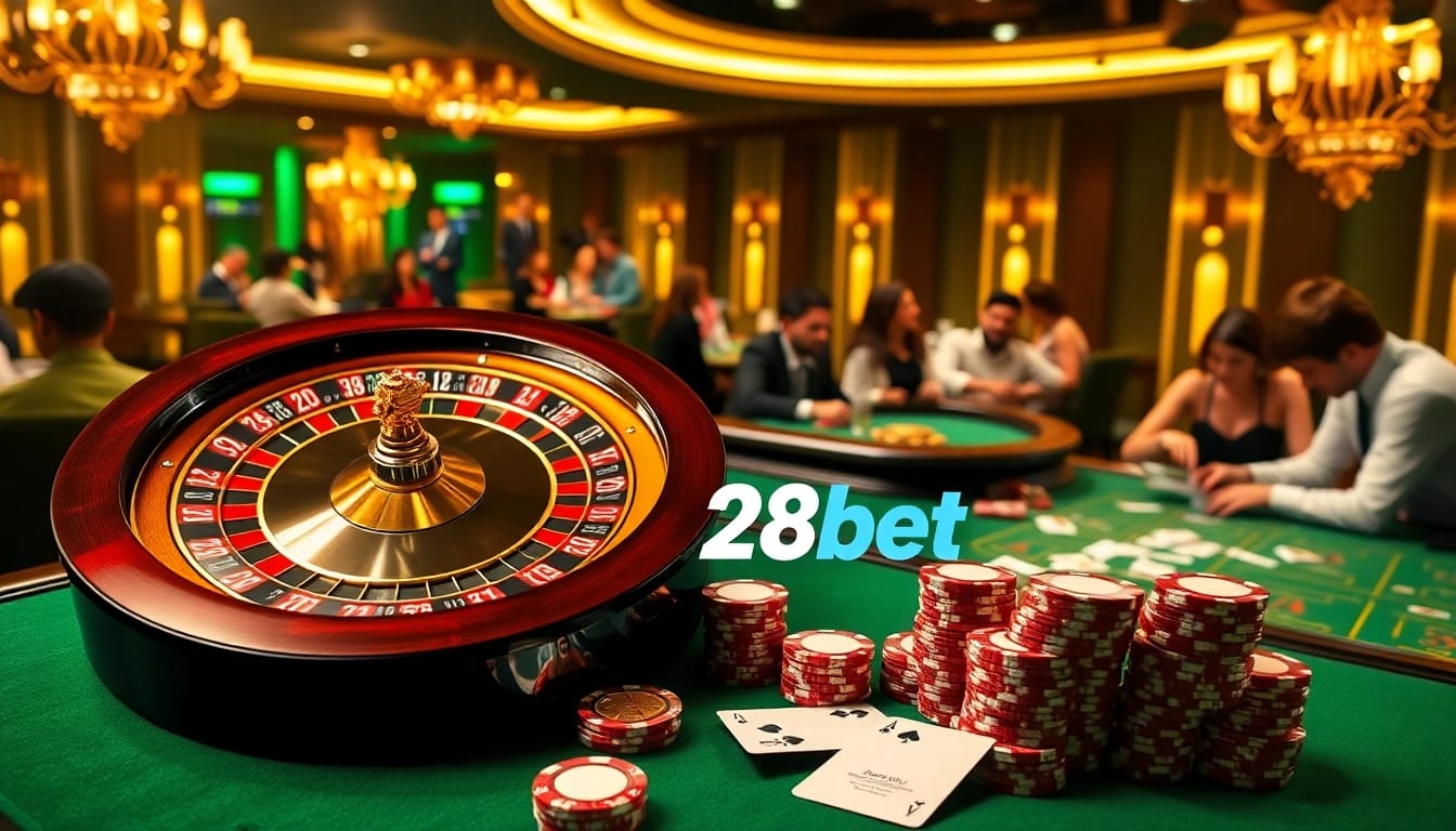 A vibrant scene of players engaging with exciting games at 28bet's casino, showcasing poker chips and a roulette wheel.