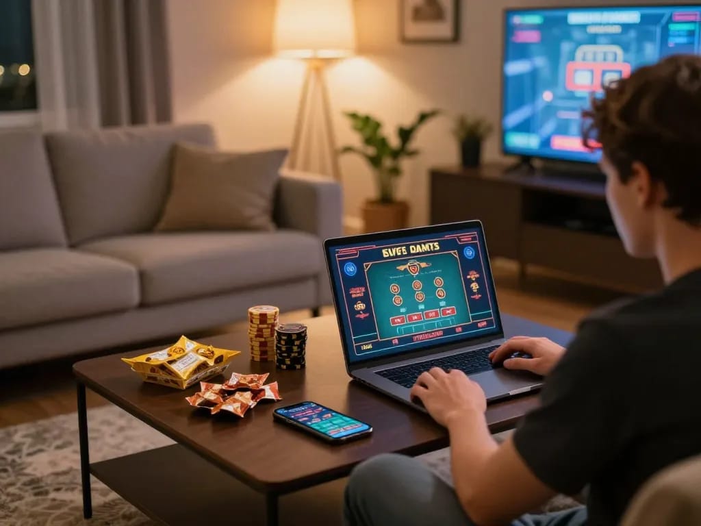 Xoso66 player engaging in a live dealer game during cozy home gaming session.