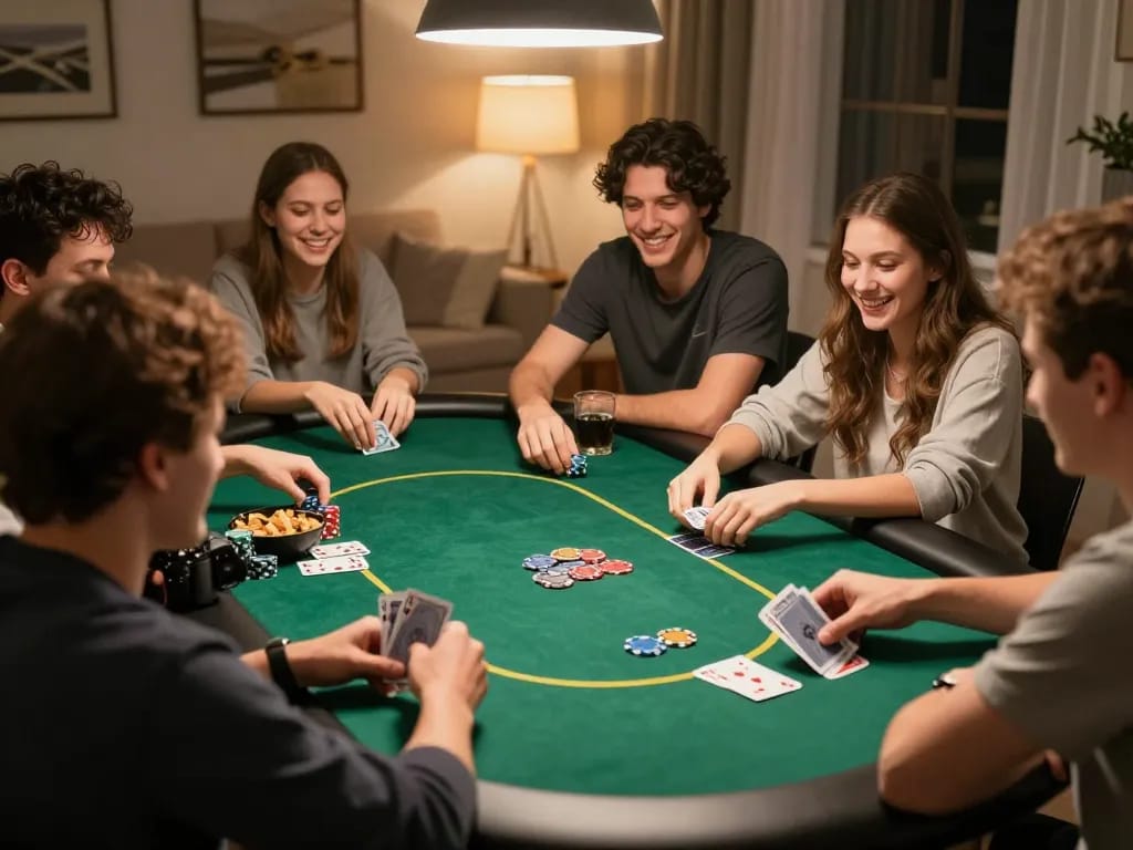 Friends playing poker at home, strategically placing chips while enjoying the game at LV88.