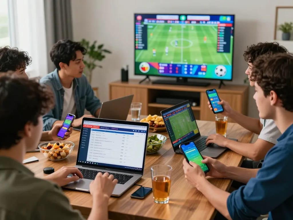 People enjoying online betting on nowgoal, with dynamic scores and odds on screens.