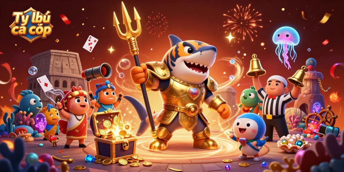 Engage in Tỷ lệ cá cược with this vibrant 3D illustration featuring a tiger shark gladiator and an underwater colosseum.