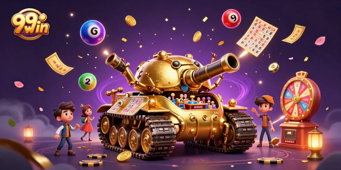 Engage with 99win through vibrant lottery-themed gaming elements in a dynamic casino setting.