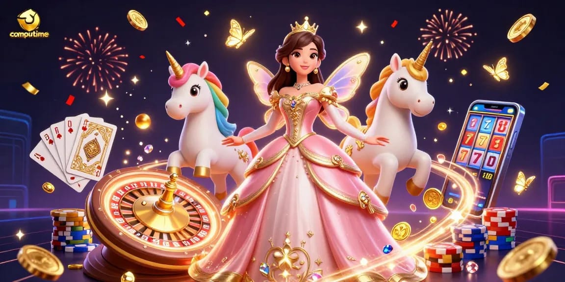 Spin the reels at computime with a glamorous princess, golden unicorn, and dazzling casino elements!